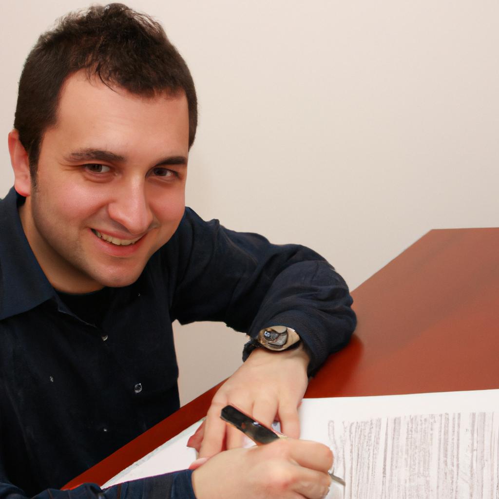 Person signing legal document, smiling